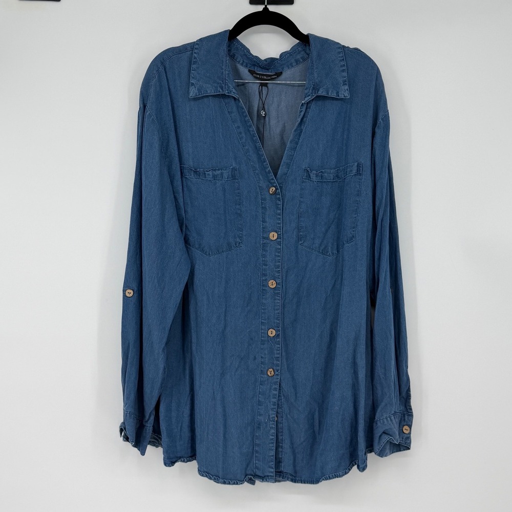 Club Z Collection Chambray 2X Blue Denim Tencel‎ Cotton Button Down Shirt